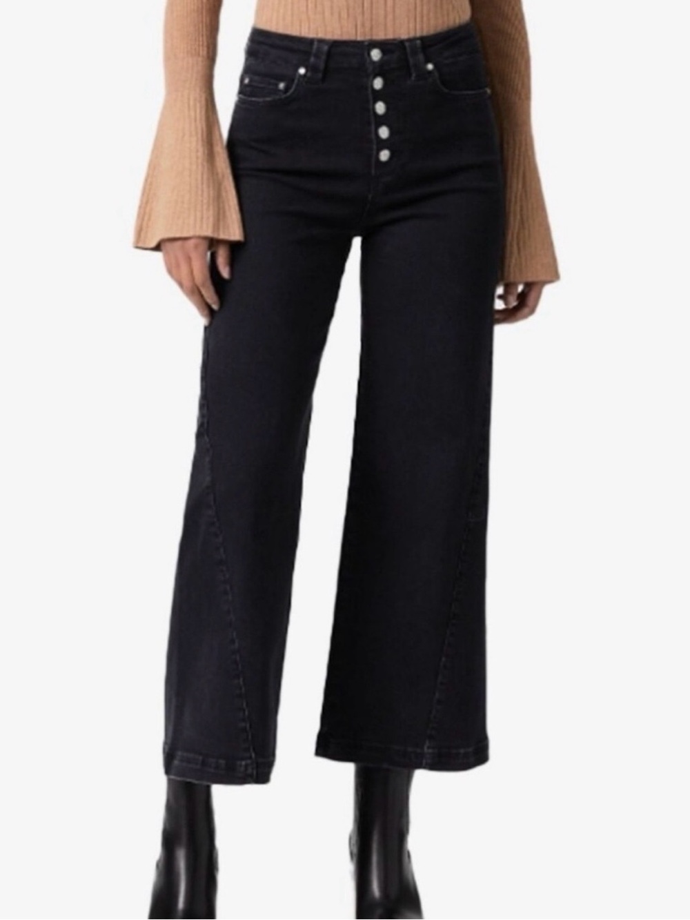 Paige Anessa Wide Leg High Rise Cropped Jeans Dark Wash Black